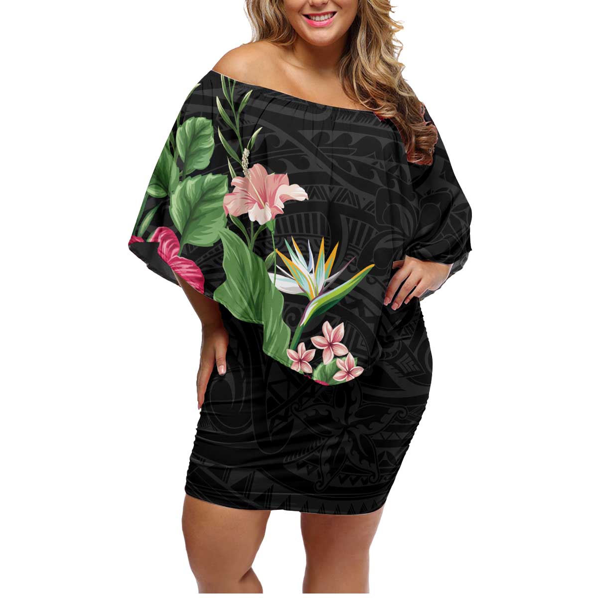 Hawaii Tropical Flowers Family Matching Off Shoulder Short Dress and Hawaiian Shirt Polynesian Tattoo Black LT05 Mom's Dress Black - Polynesian Pride