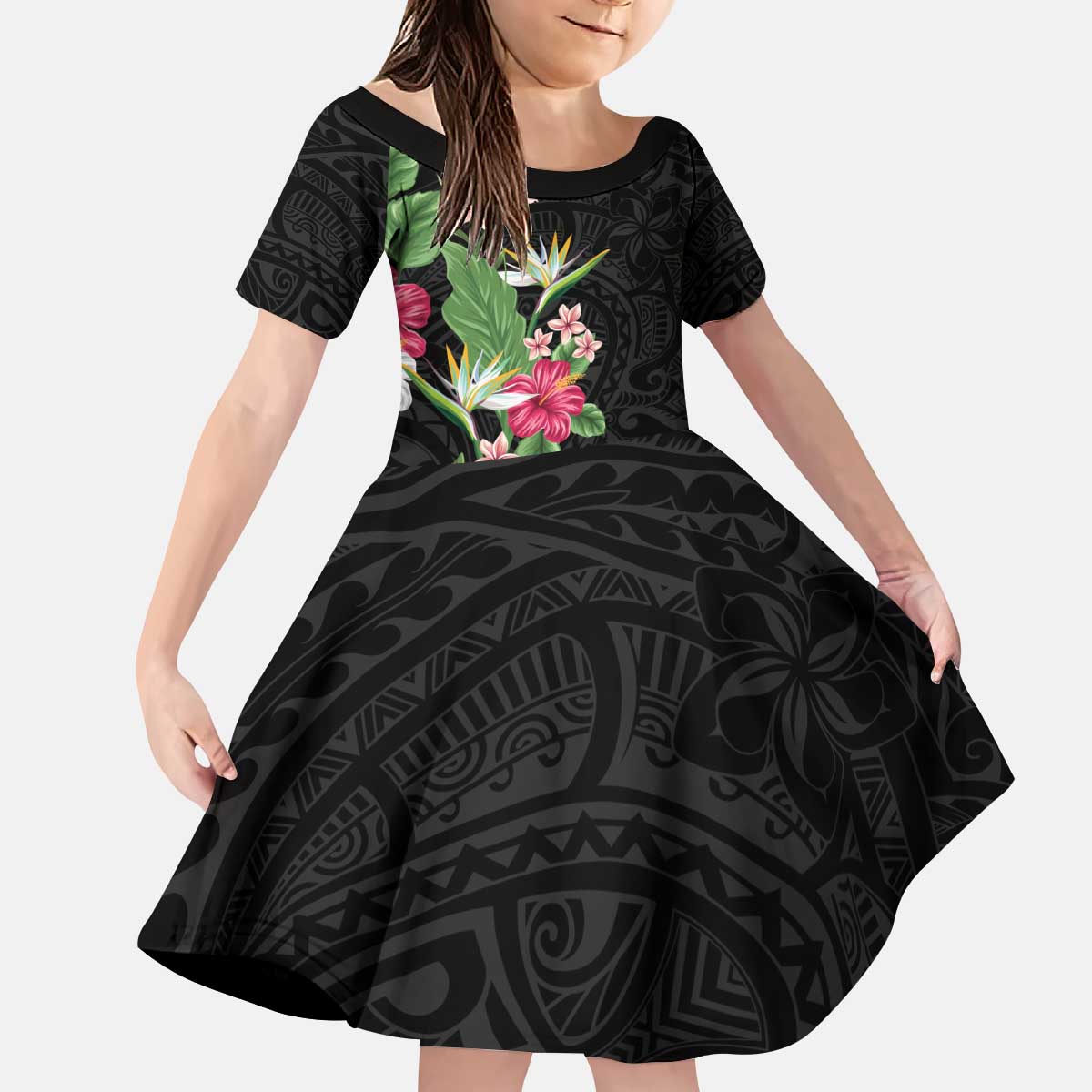 Hawaii Tropical Flowers Family Matching Puletasi and Hawaiian Shirt Polynesian Tattoo Black LT05 Daughter's Dress Black - Polynesian Pride