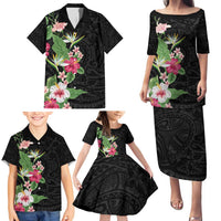Hawaii Tropical Flowers Family Matching Puletasi and Hawaiian Shirt Polynesian Tattoo Black LT05 - Polynesian Pride