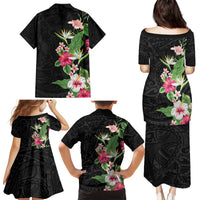 Hawaii Tropical Flowers Family Matching Puletasi and Hawaiian Shirt Polynesian Tattoo Black LT05 - Polynesian Pride