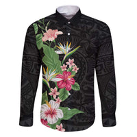 Hawaii Tropical Flowers Family Matching Puletasi and Hawaiian Shirt Polynesian Tattoo Black LT05 Dad's Shirt - Long Sleeve Black - Polynesian Pride