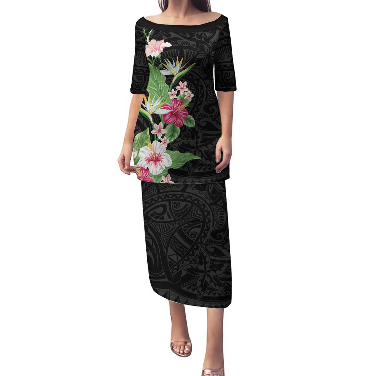 Hawaii Tropical Flowers Family Matching Puletasi and Hawaiian Shirt Polynesian Tattoo Black LT05 Mom's Dress Black - Polynesian Pride
