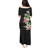 Hawaii Tropical Flowers Family Matching Puletasi and Hawaiian Shirt Polynesian Tattoo Black LT05 - Polynesian Pride