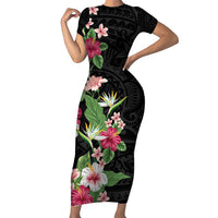Hawaii Tropical Flowers Family Matching Short Sleeve Bodycon Dress and Hawaiian Shirt Polynesian Tattoo Black LT05 Mom's Dress Black - Polynesian Pride