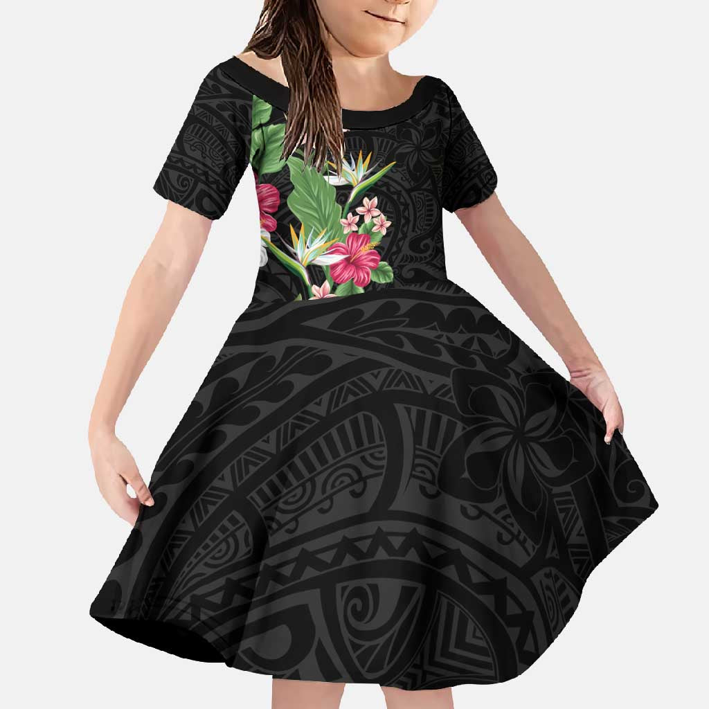 Hawaii Tropical Flowers Family Matching Summer Maxi Dress and Hawaiian Shirt Polynesian Tattoo Black LT05 Daughter's Dress Black - Polynesian Pride