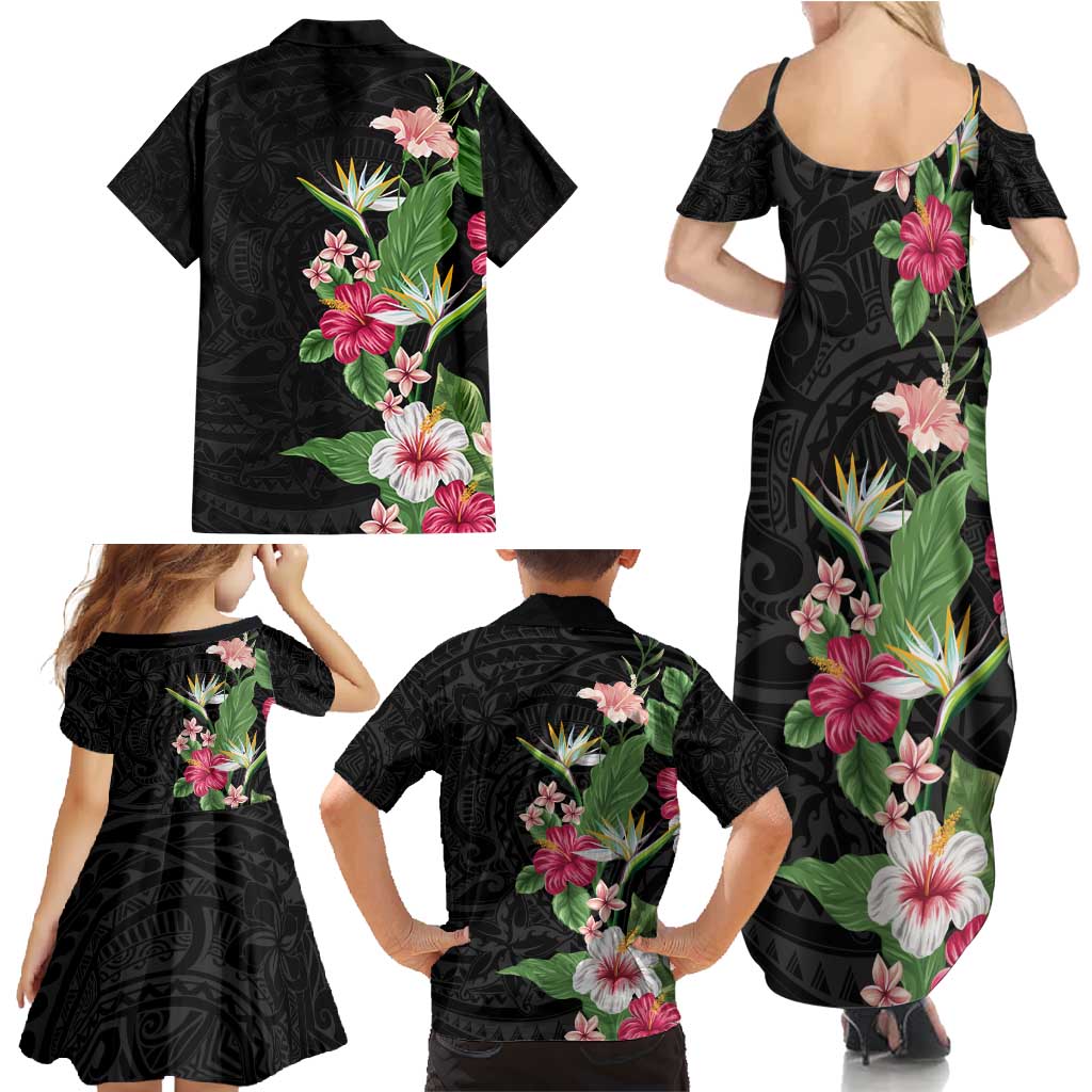 Hawaii Tropical Flowers Family Matching Summer Maxi Dress and Hawaiian Shirt Polynesian Tattoo Black LT05 - Polynesian Pride