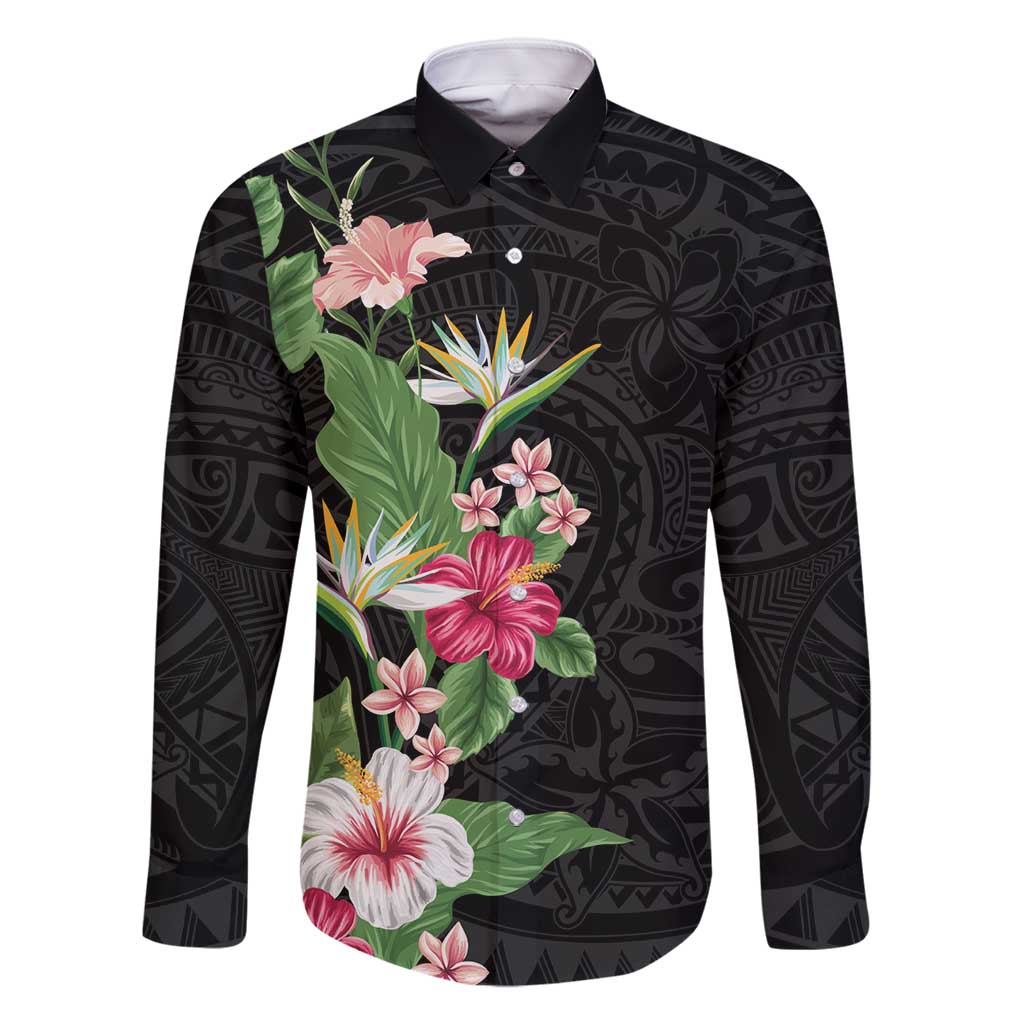 Hawaii Tropical Flowers Family Matching Summer Maxi Dress and Hawaiian Shirt Polynesian Tattoo Black LT05 Dad's Shirt - Long Sleeve Black - Polynesian Pride