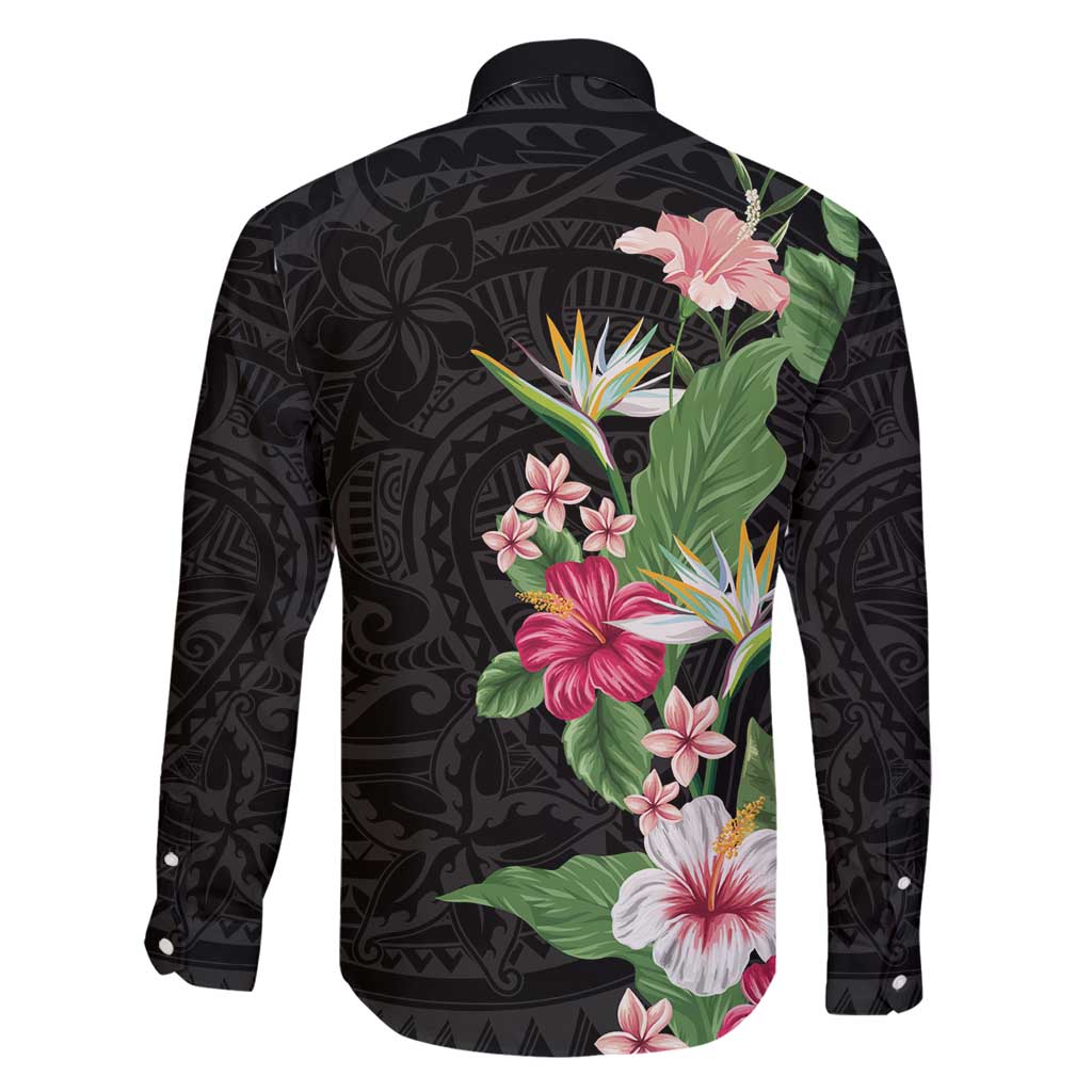Hawaii Tropical Flowers Family Matching Summer Maxi Dress and Hawaiian Shirt Polynesian Tattoo Black LT05 - Polynesian Pride