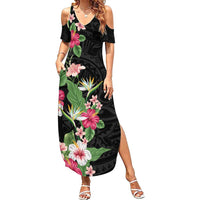 Hawaii Tropical Flowers Family Matching Summer Maxi Dress and Hawaiian Shirt Polynesian Tattoo Black LT05 Mom's Dress Black - Polynesian Pride