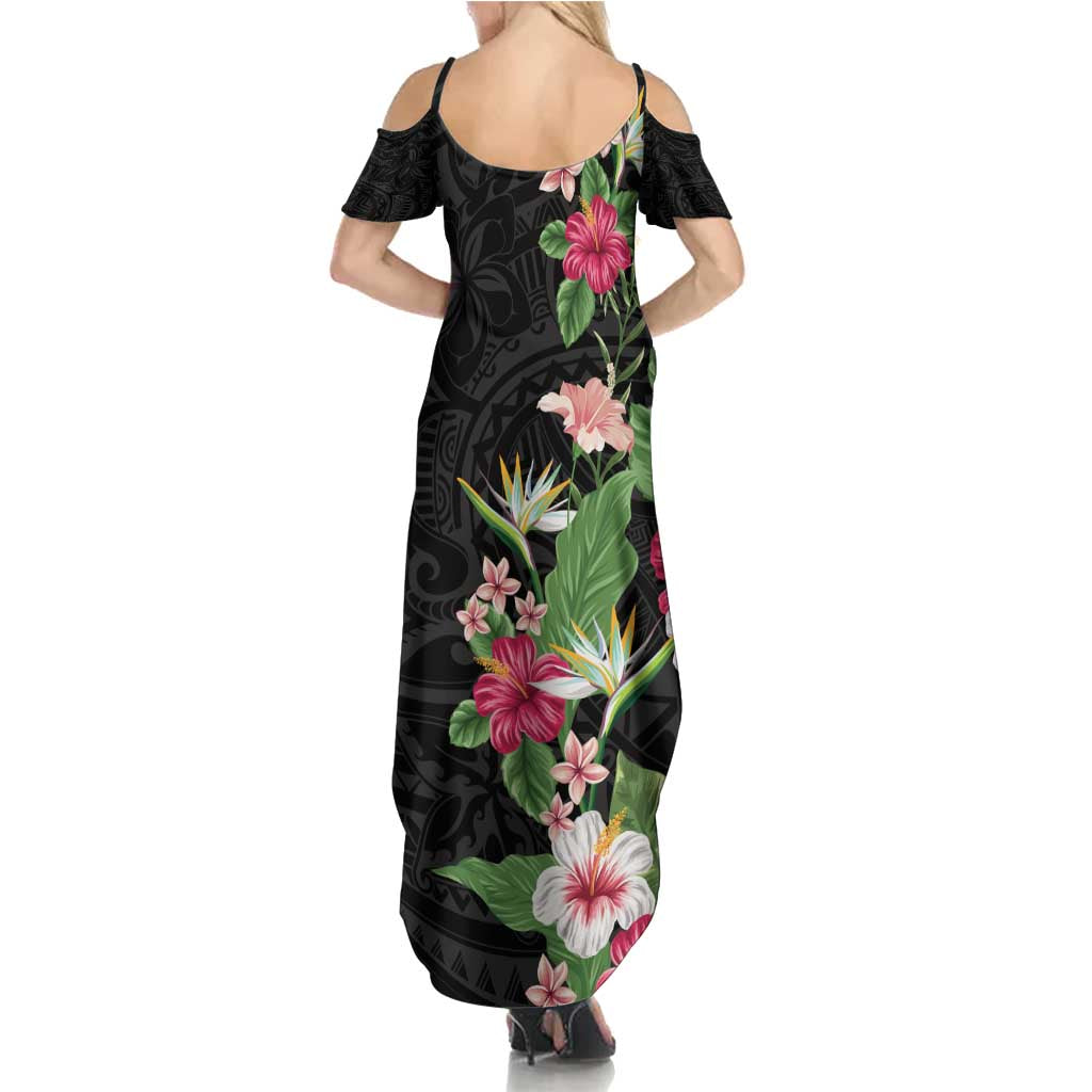 Hawaii Tropical Flowers Family Matching Summer Maxi Dress and Hawaiian Shirt Polynesian Tattoo Black LT05 - Polynesian Pride