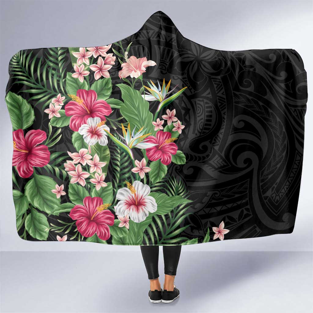 Hawaii Tropical Flowers Hooded Blanket Polynesian Tattoo Black LT05 One Size Black - Polynesian Pride