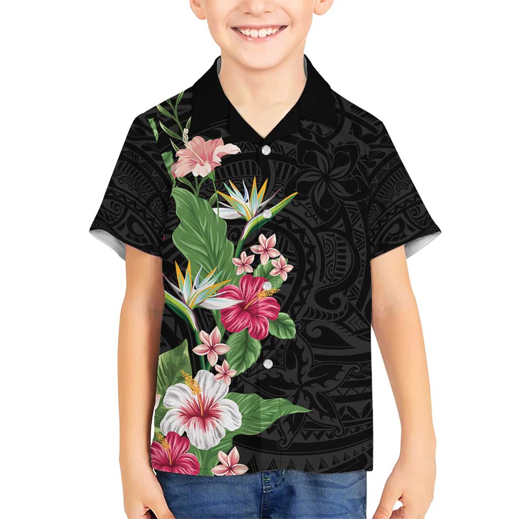 Hawaii Tropical Flowers Kid Hawaiian Shirt Polynesian Tattoo Black LT05 Kid Black - Polynesian Pride