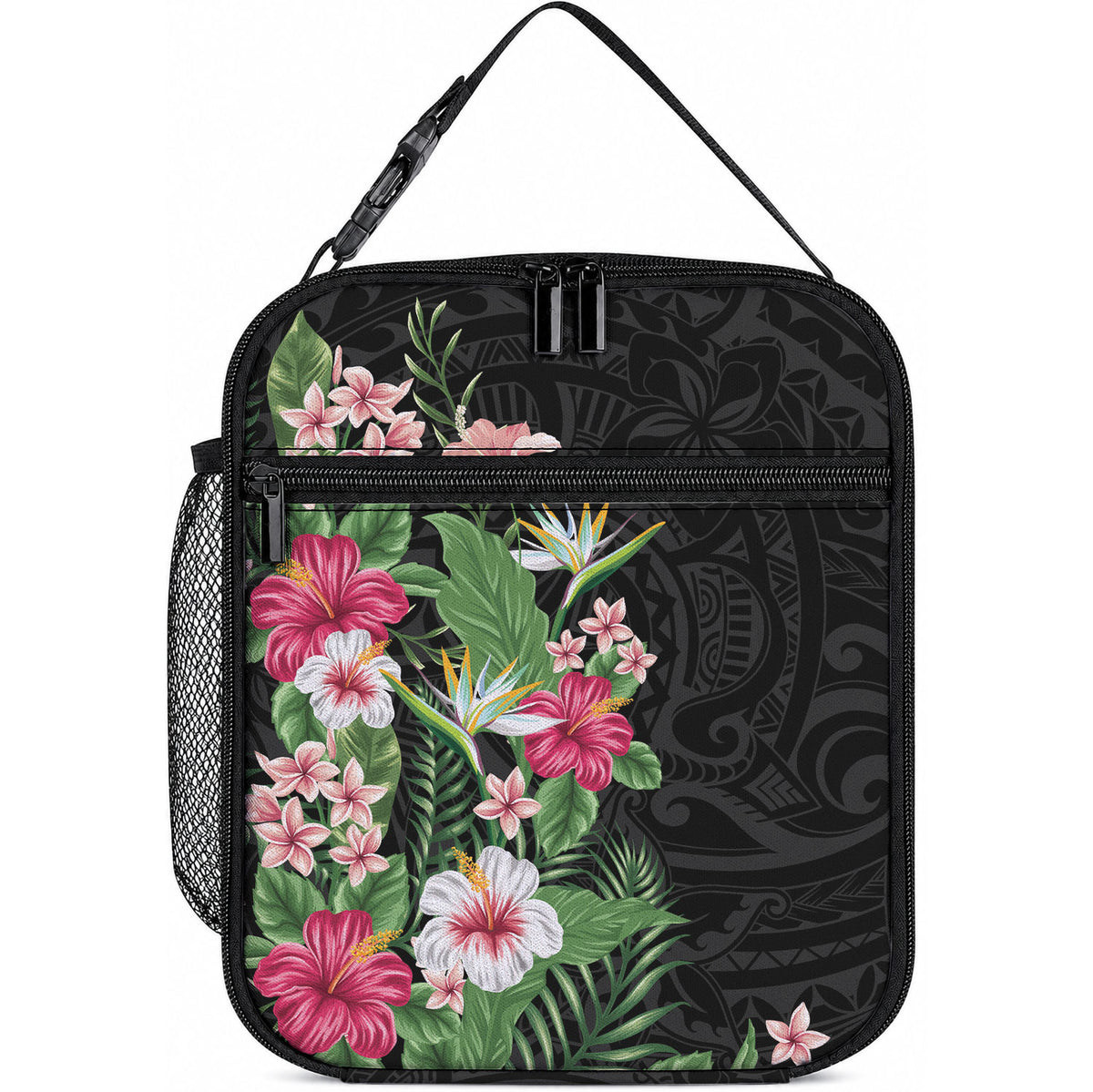 Hawaii Tropical Flowers Lunch Bag Polynesian Tattoo Black