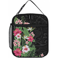 Hawaii Tropical Flowers Lunch Bag Polynesian Tattoo Black