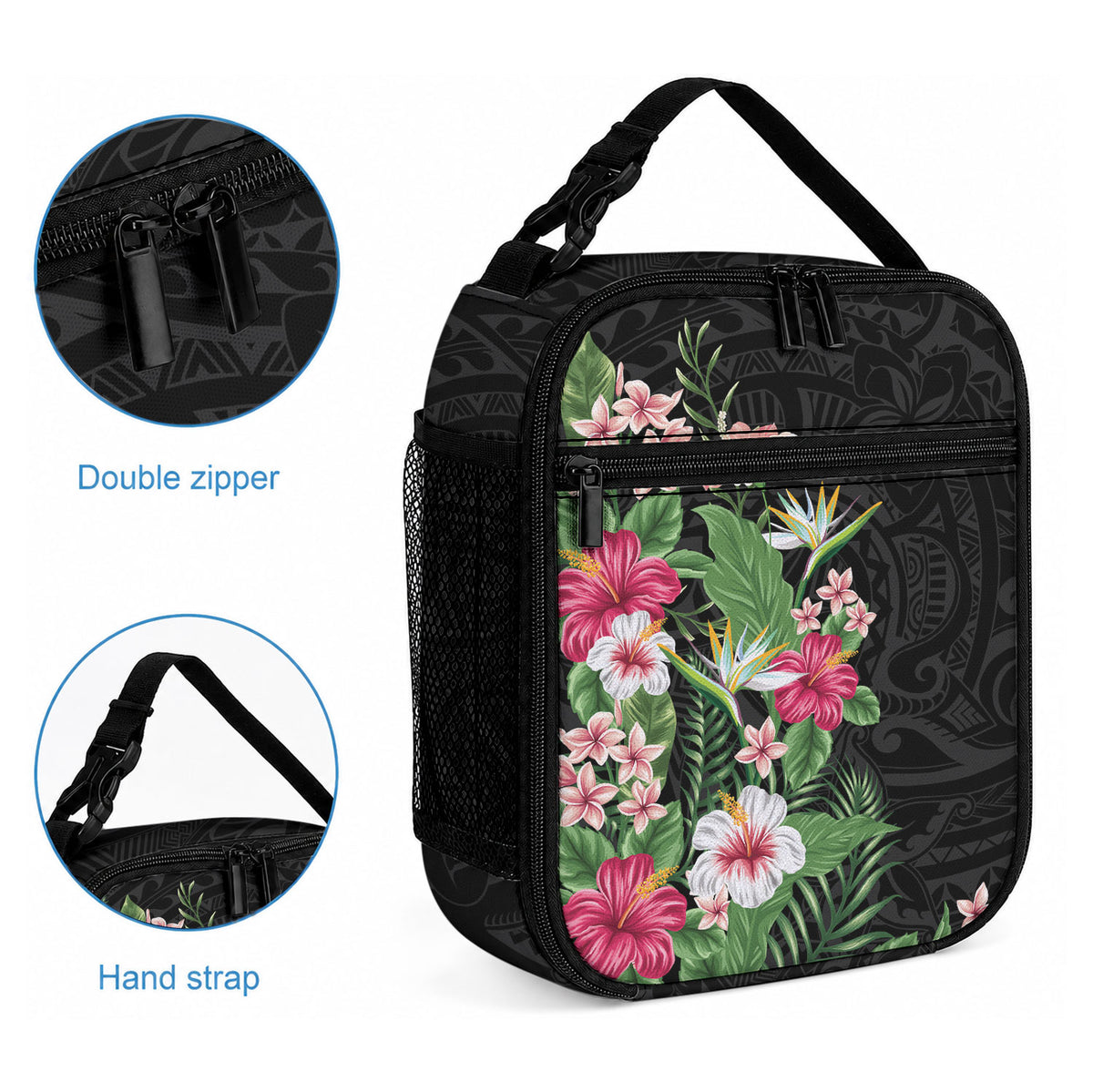 Hawaii Tropical Flowers Lunch Bag Polynesian Tattoo Black