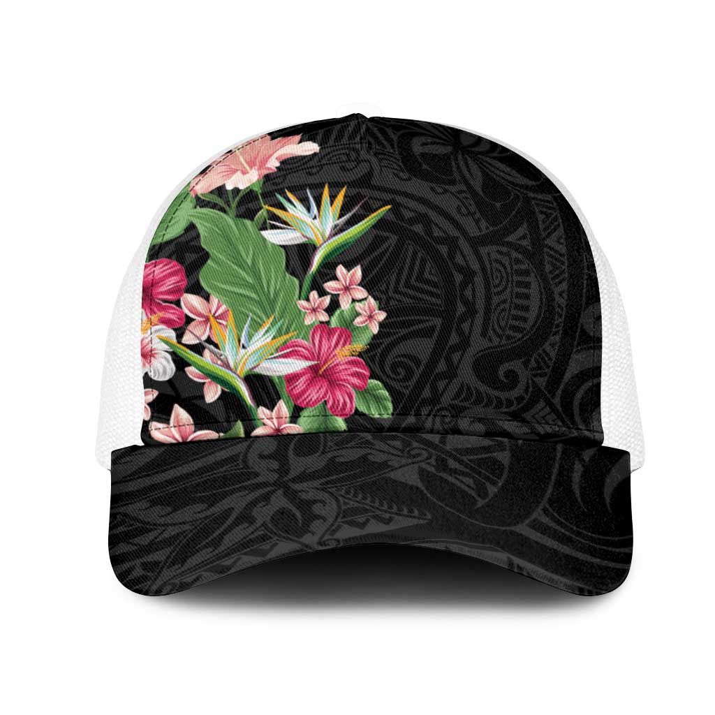 Hawaii Tropical Flowers Mesh Trucker Cap Polynesian Tattoo Black