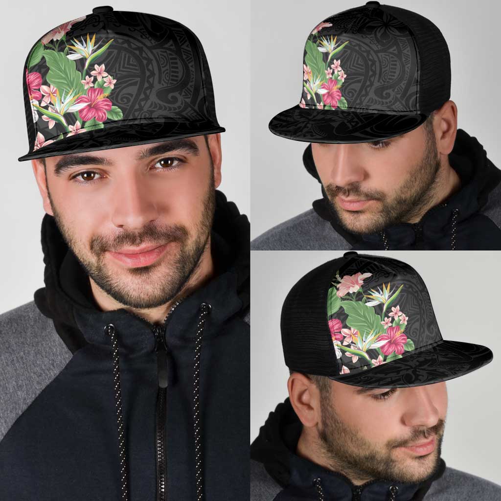 Hawaii Tropical Flowers Mesh Trucker Cap Polynesian Tattoo Black