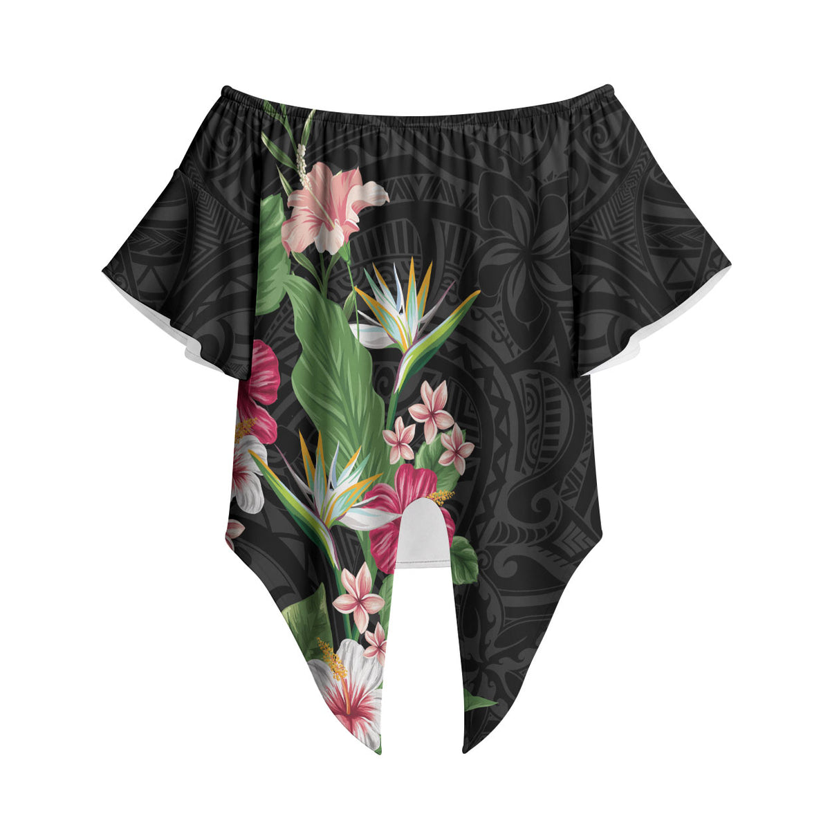 Hawaii Tropical Flowers Off Shoulder Wrap Waist Top Polynesian Tattoo Black LT05 Black - Polynesian Pride