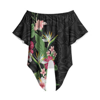 Hawaii Tropical Flowers Off Shoulder Wrap Waist Top Polynesian Tattoo Black LT05 Black - Polynesian Pride