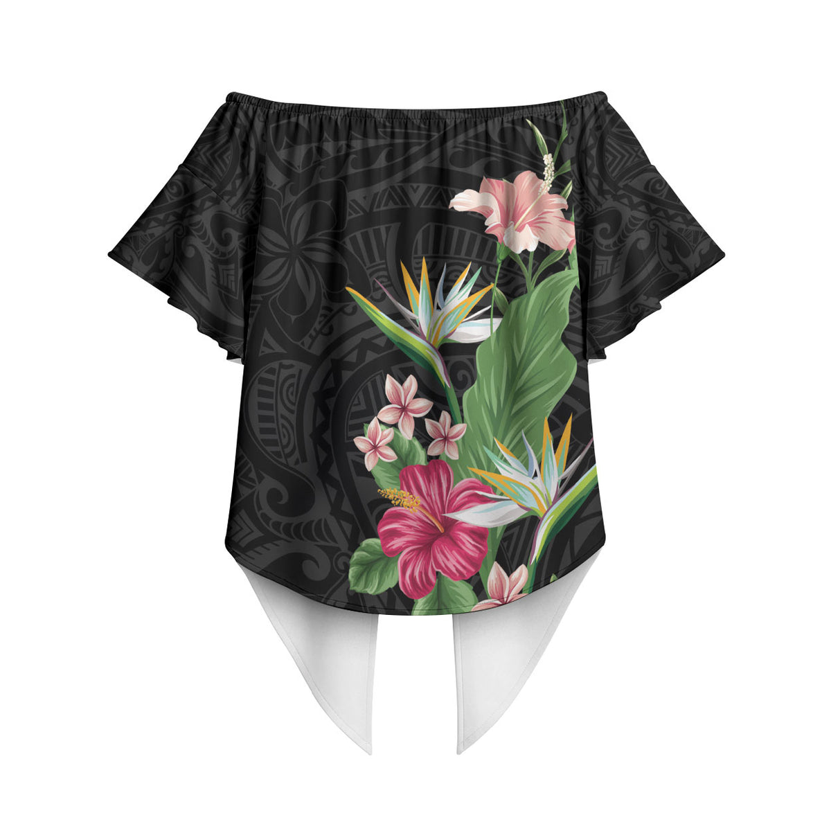 Hawaii Tropical Flowers Off Shoulder Wrap Waist Top Polynesian Tattoo Black LT05 - Polynesian Pride