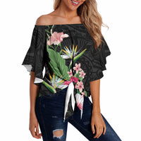 Hawaii Tropical Flowers Off Shoulder Wrap Waist Top Polynesian Tattoo Black LT05 - Polynesian Pride