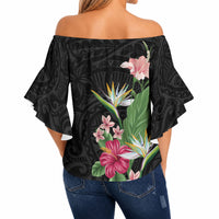Hawaii Tropical Flowers Off Shoulder Wrap Waist Top Polynesian Tattoo Black LT05 - Polynesian Pride