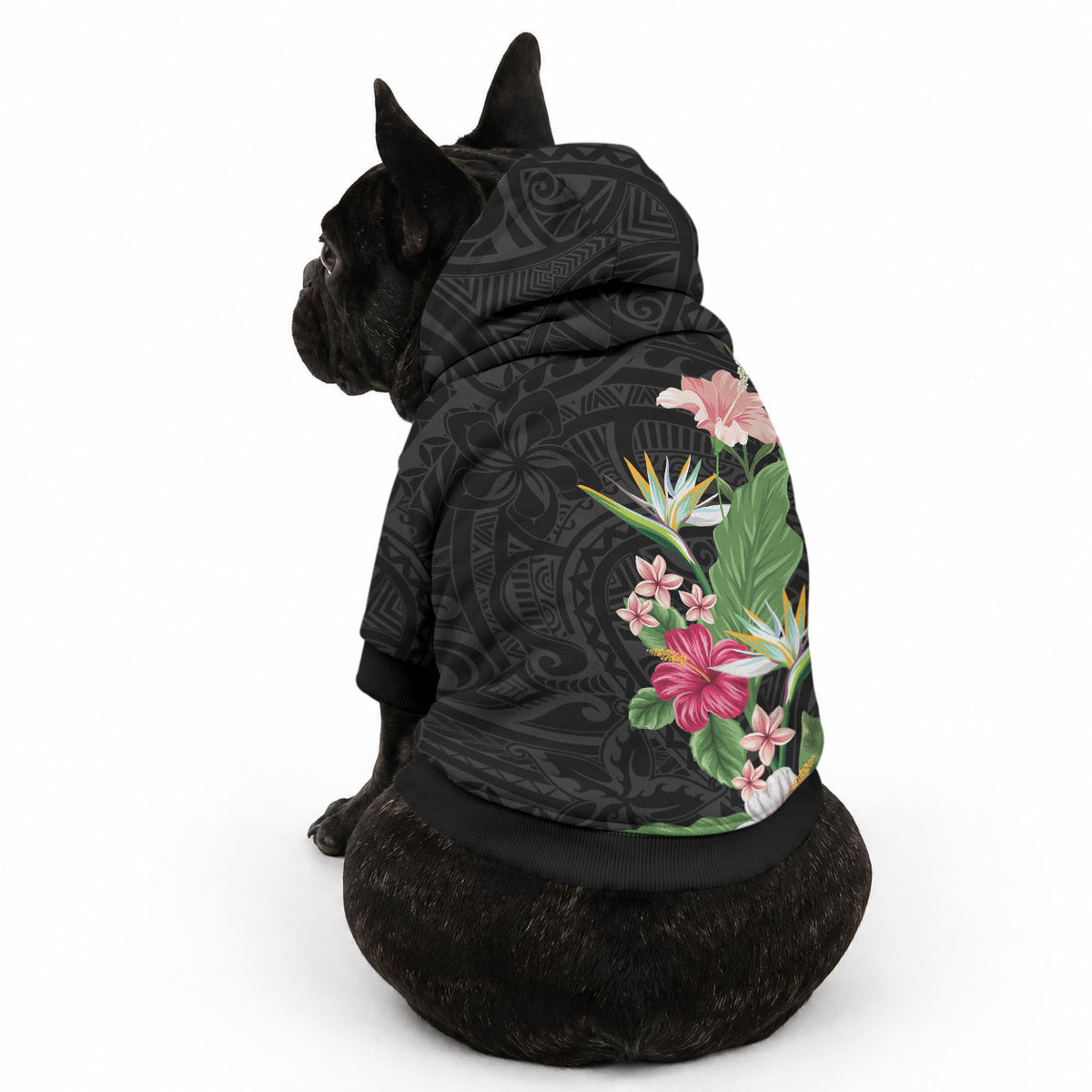 Hawaii Tropical Flowers Pet Hoodie Polynesian Tattoo Black