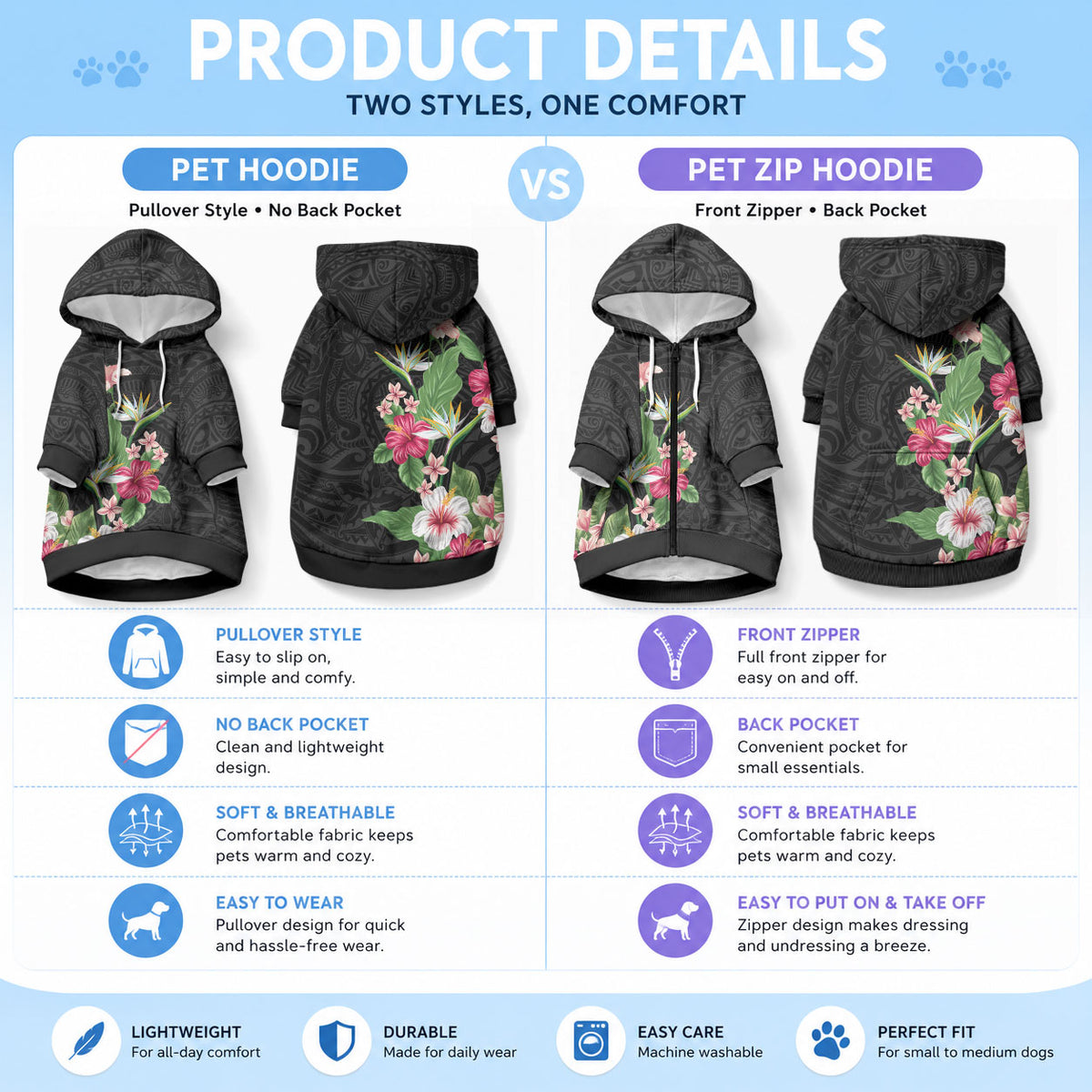 Hawaii Tropical Flowers Pet Hoodie Polynesian Tattoo Black