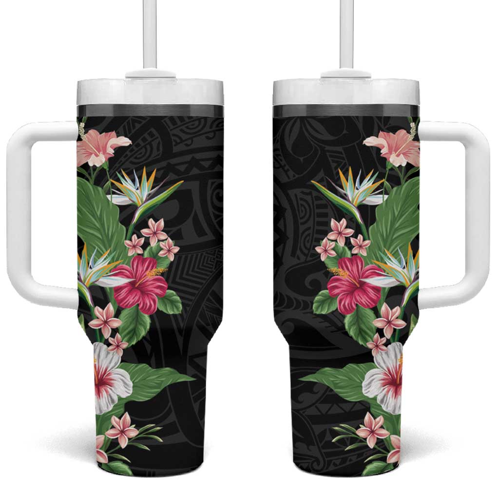 Hawaii Tropical Flowers Tumbler With Handle Polynesian Tattoo Black LT05 One Size: 40 oz Black - Polynesian Pride