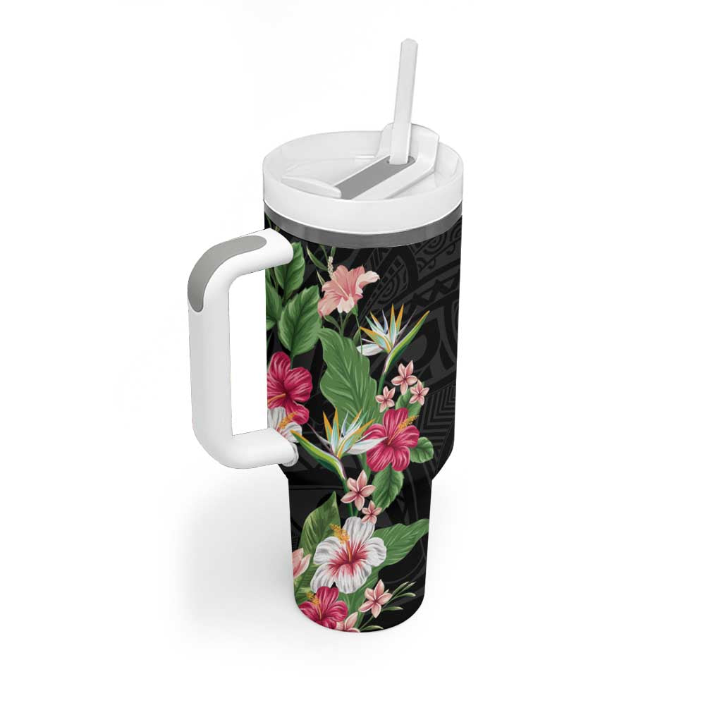 Hawaii Tropical Flowers Tumbler With Handle Polynesian Tattoo Black LT05 - Polynesian Pride