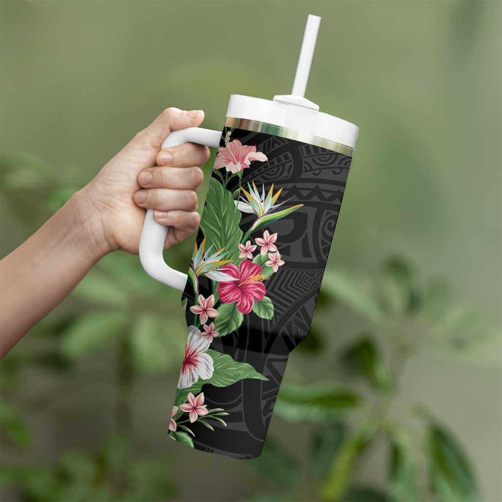Hawaii Tropical Flowers Tumbler With Handle Polynesian Tattoo Black LT05 - Polynesian Pride