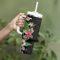 Hawaii Tropical Flowers Tumbler With Handle Polynesian Tattoo Black LT05 - Polynesian Pride
