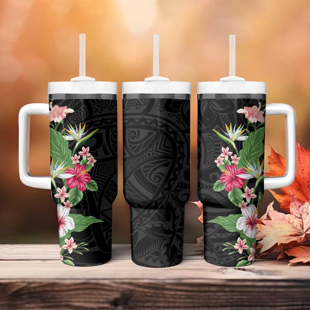Hawaii Tropical Flowers Tumbler With Handle Polynesian Tattoo Black LT05 - Polynesian Pride