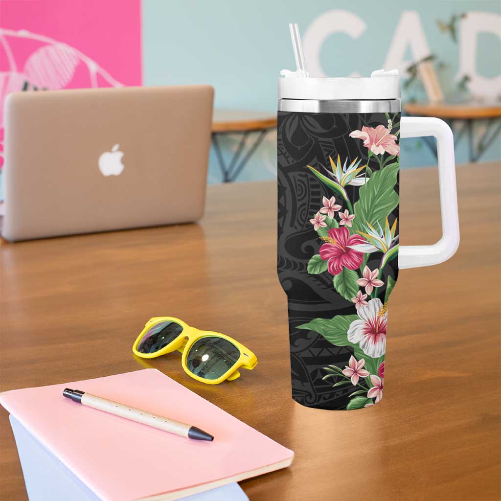 Hawaii Tropical Flowers Tumbler With Handle Polynesian Tattoo Black LT05 - Polynesian Pride
