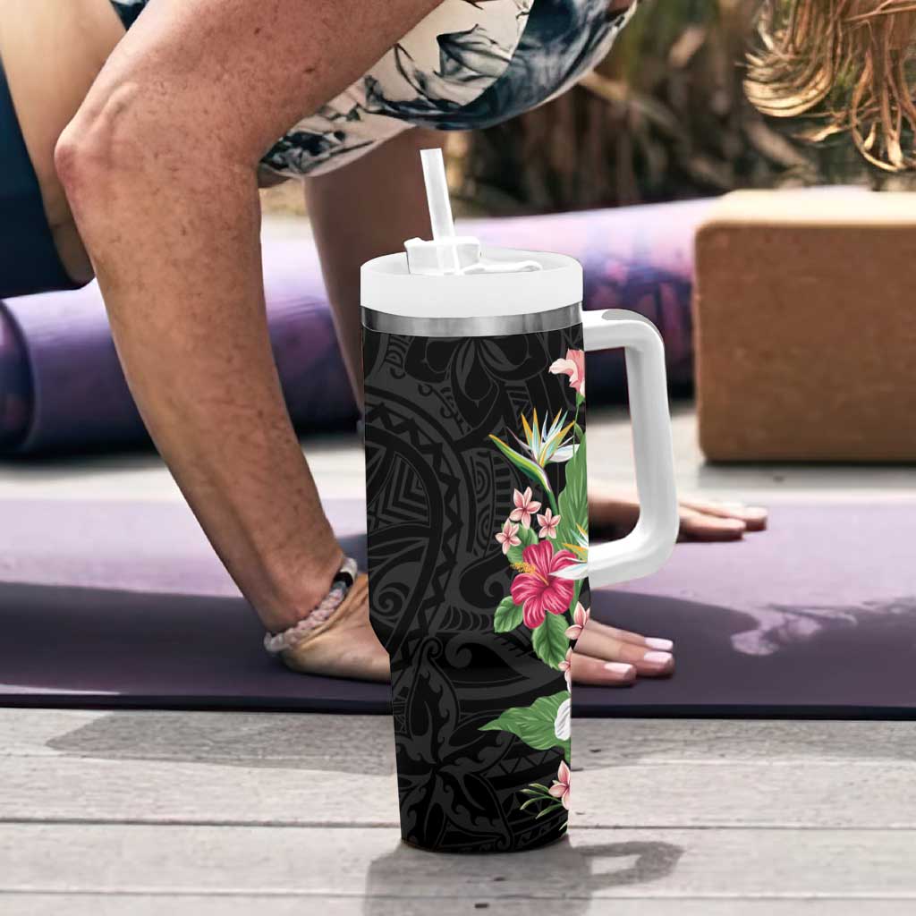 Hawaii Tropical Flowers Tumbler With Handle Polynesian Tattoo Black LT05 - Polynesian Pride