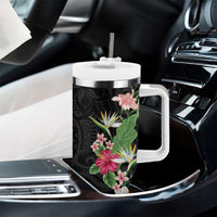 Hawaii Tropical Flowers Tumbler With Handle Polynesian Tattoo Black LT05 - Polynesian Pride