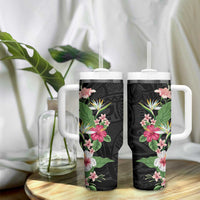 Hawaii Tropical Flowers Tumbler With Handle Polynesian Tattoo Black LT05 - Polynesian Pride