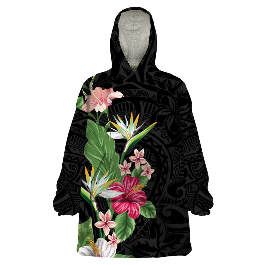 Hawaii Tropical Flowers Wearable Blanket Hoodie Polynesian Tattoo Black LT05 One Size Black - Polynesian Pride
