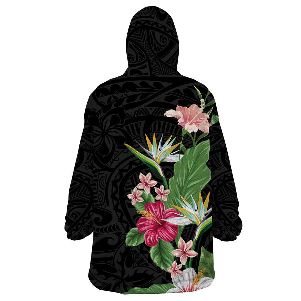 Hawaii Tropical Flowers Wearable Blanket Hoodie Polynesian Tattoo Black LT05 - Polynesian Pride