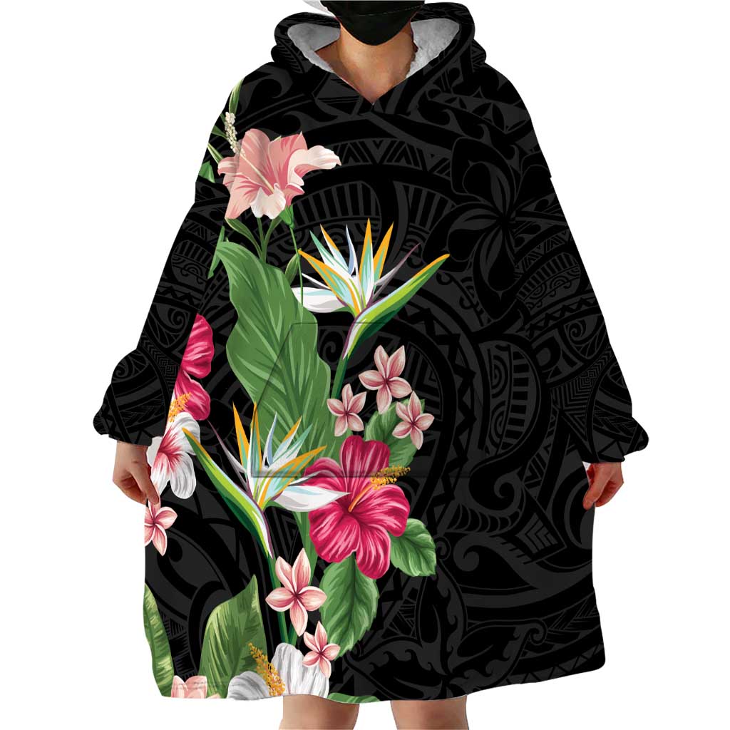 Hawaii Tropical Flowers Wearable Blanket Hoodie Polynesian Tattoo Black LT05 - Polynesian Pride