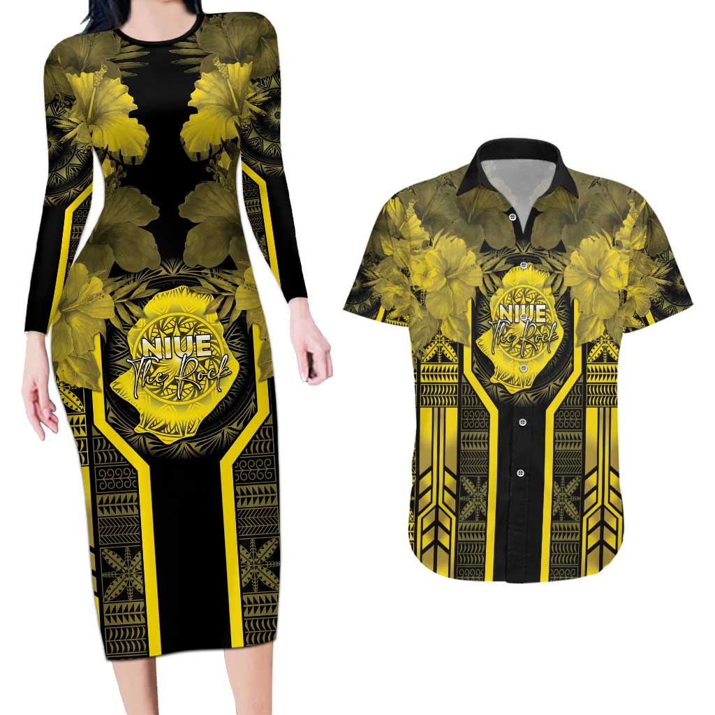 Niue The Rock Couples Matching Long Sleeve Bodycon Dress and Hawaiian Shirt The Island Of The Uga LT05 Black - Polynesian Pride