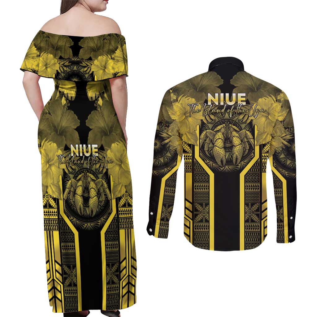Niue The Rock Couples Matching Off Shoulder Maxi Dress and Long Sleeve Button Shirt The Island Of The Uga LT05 - Polynesian Pride