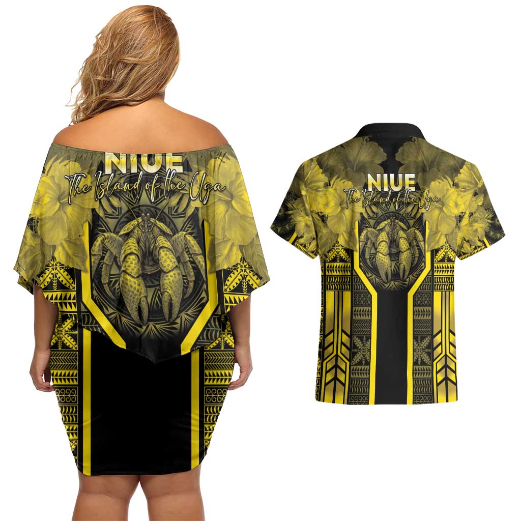 Niue The Rock Couples Matching Off Shoulder Short Dress and Hawaiian Shirt The Island Of The Uga LT05 - Polynesian Pride