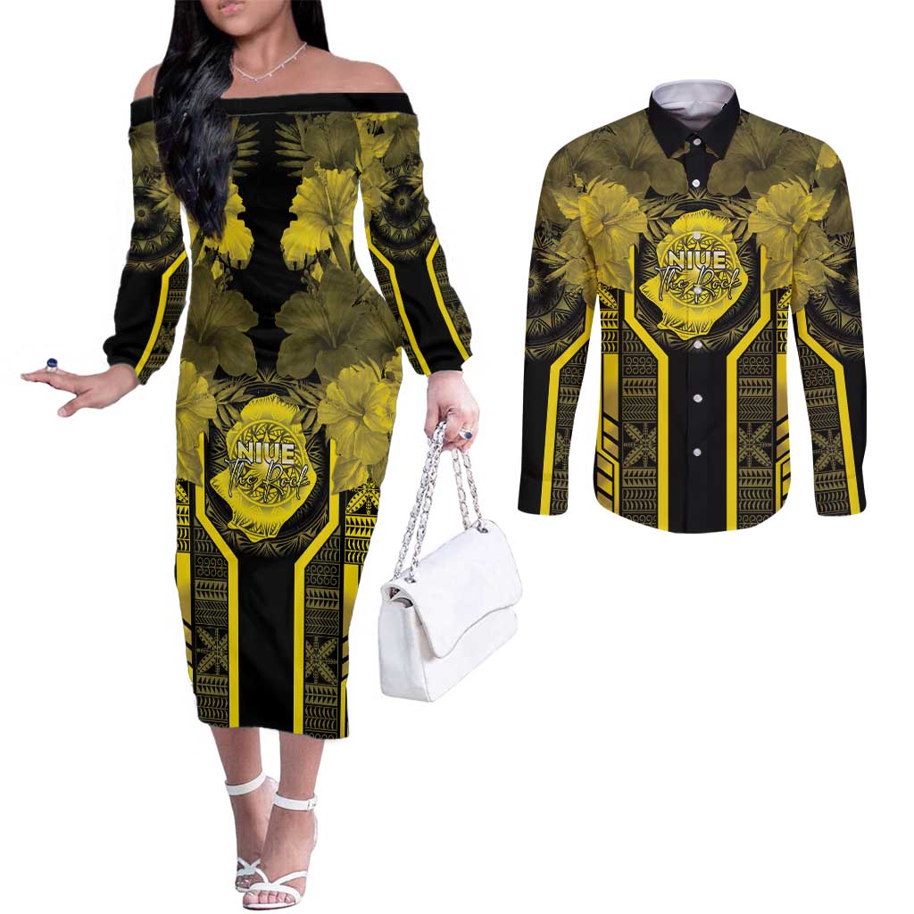 Niue The Rock Couples Matching Off The Shoulder Long Sleeve Dress and Long Sleeve Button Shirt The Island Of The Uga LT05 Black - Polynesian Pride