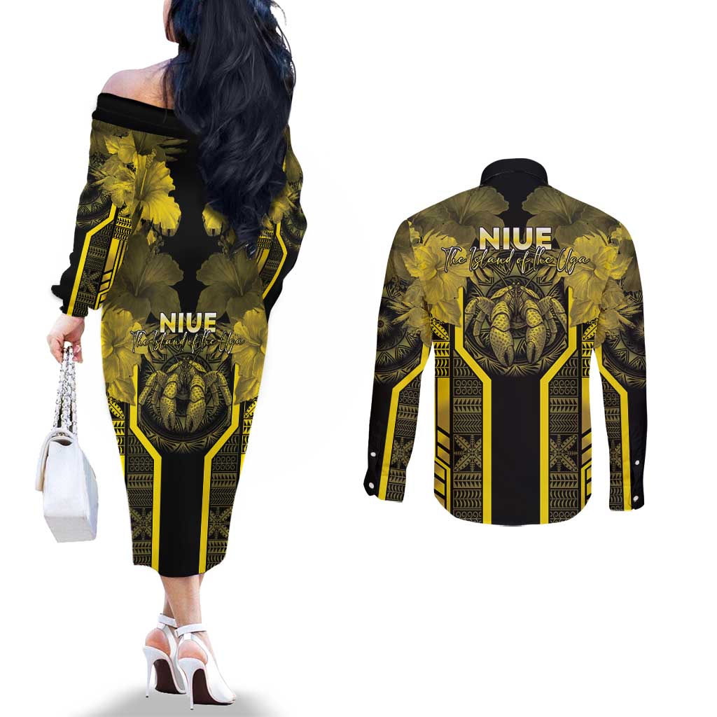 Niue The Rock Couples Matching Off The Shoulder Long Sleeve Dress and Long Sleeve Button Shirt The Island Of The Uga LT05 - Polynesian Pride