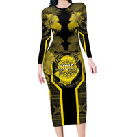 Niue The Rock Family Matching Long Sleeve Bodycon Dress and Hawaiian Shirt The Island Of The Uga LT05 Mom's Dress Black - Polynesian Pride