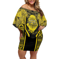 Niue The Rock Family Matching Off Shoulder Short Dress and Hawaiian Shirt The Island Of The Uga LT05 Mom's Dress Black - Polynesian Pride