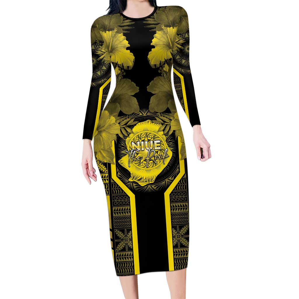 Niue The Rock Long Sleeve Bodycon Dress The Island Of The Uga LT05 Long Dress Black - Polynesian Pride