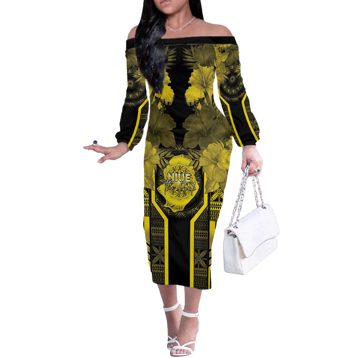 Niue The Rock Off The Shoulder Long Sleeve Dress The Island Of The Uga LT05 Women Black - Polynesian Pride