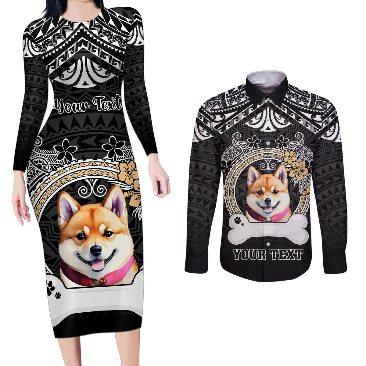 Personalized Shiba Inu Dog Couples Matching Long Sleeve Bodycon Dress and Long Sleeve Button Shirts With Polynesian Heart Name Tags LT05 Black - Polynesian Pride